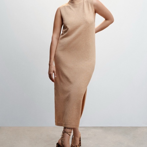 Mango MNG Dress Knit Sweater Beige Tan Sleeveless Mock Neck Sheath Side Split - Picture 11 of 13